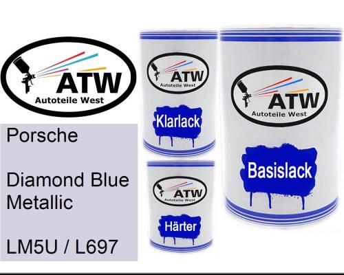 Porsche, Diamond Blue Metallic, LM5U / L697: 500ml Lackdose + 500ml Klarlack + 250ml Härter - Set, von ATW Autoteile West.